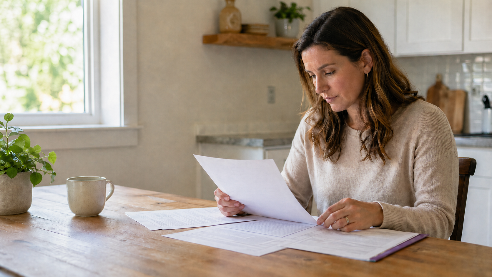 Mom at her kitchen table reading her child's school paperwork.